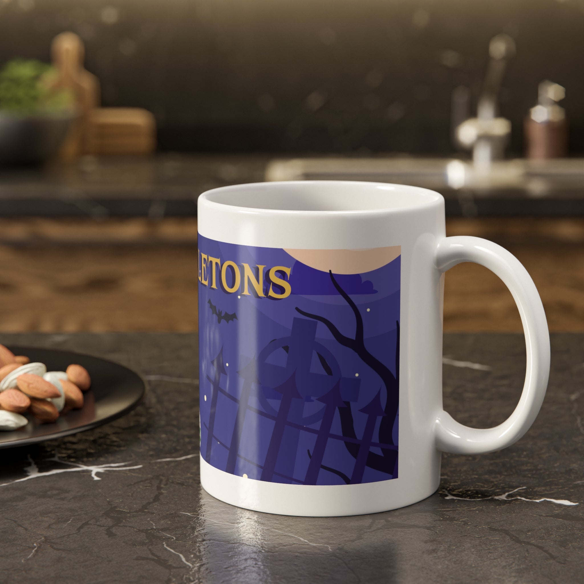 Creepy Skeletons and Mummy | Spooky Halloween Graveyard Scene | White Ceramic Mug